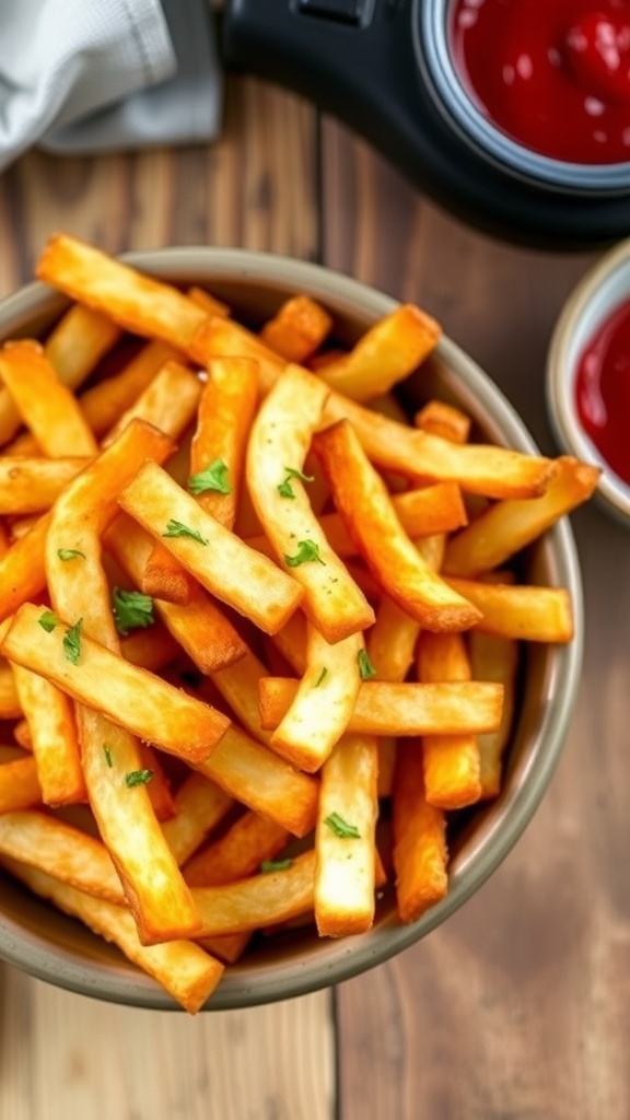 Crispy Homemade Air Fryer Fries Recipe Crispy homemade air fryer fries served in a bowl with fresh herbs and ketchup on a wooden table.